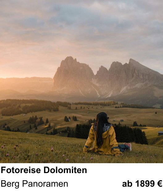 Ruhiger Fotokurs zu Fotoreise Dolomiten: Berg Panoramen
